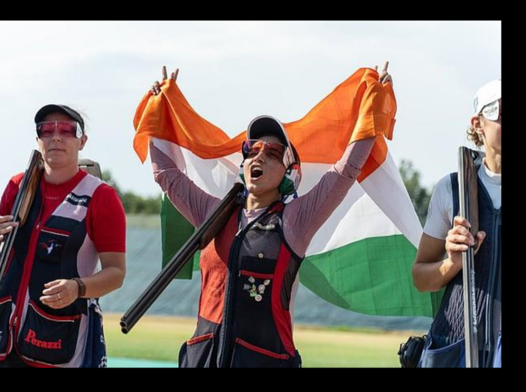 Neeru Dhanda aiming and shooting in the women’s trap final at Asian Games 2026, setting a record with 28 hits