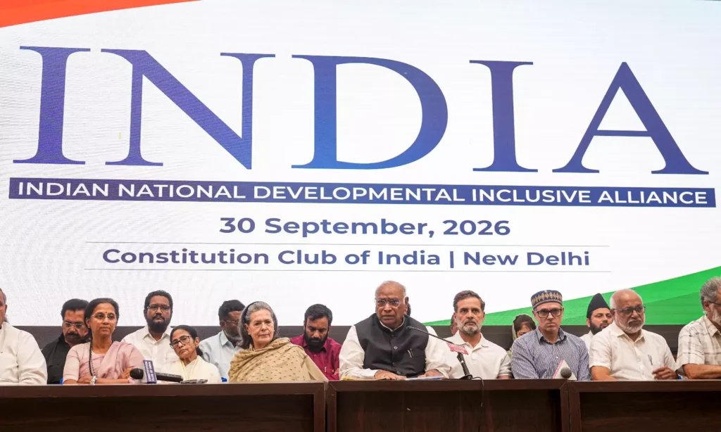 INDIA bloc leaders during a meeting in New Delhi discussing the SIR protest plan and ballot paper voting