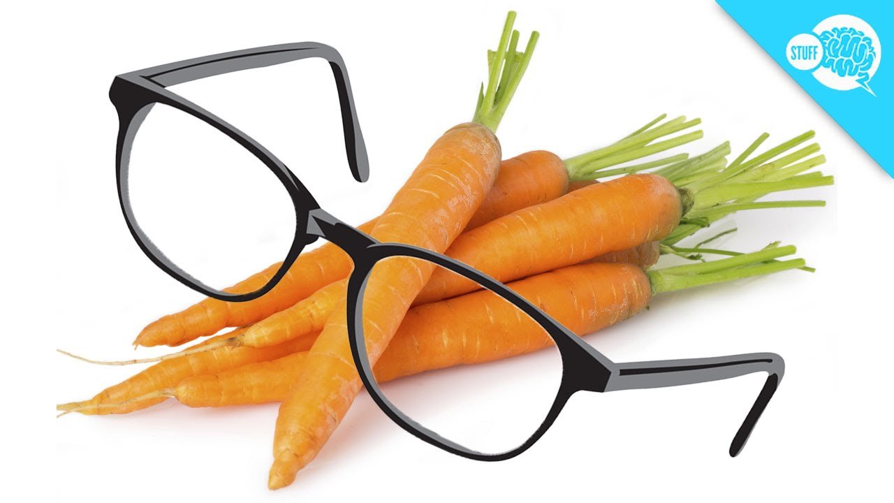 Woman eating carrots with fresh carrots and carrot juice, highlighting eye health and eye strain.